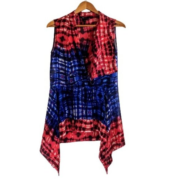 BCBG MaxAzria Logan Red White Blue Silk Asymmetrical Top - Picture 2 of 5